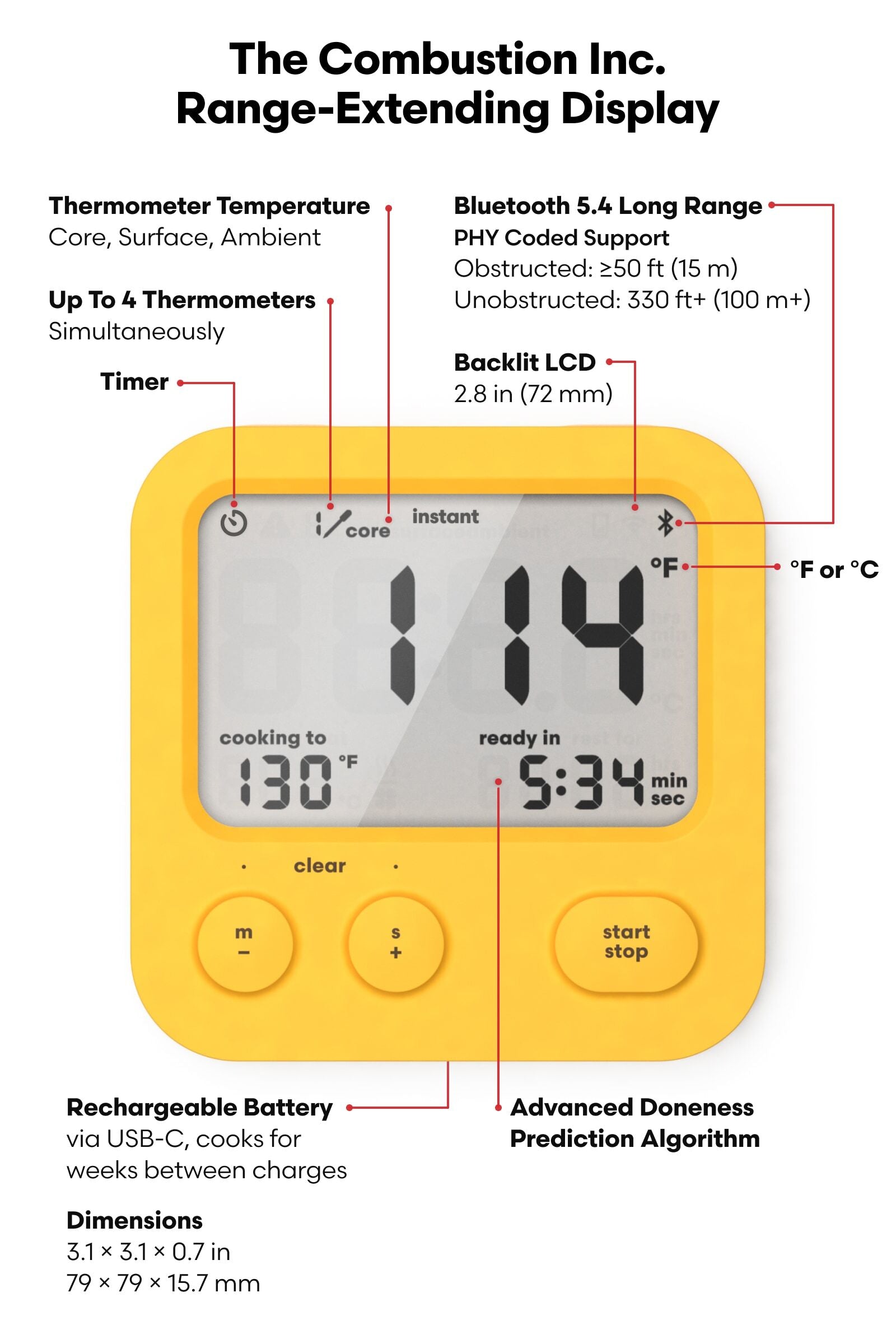 Thermometer temperature: core, surface, ambient; up to 4 thermometers simultaneously; timer; bluetooth 5.4 long range: PHY coded support, obstructed: ≥50 feet, unobstructed: 330 feet+; backlit LCD: 2.8 in; USB-C rechargeable battery, cooks for weeks between charges; dimensions: 3.1 × 3.1 × 0.7 in; advanced doneness prediction algorithm